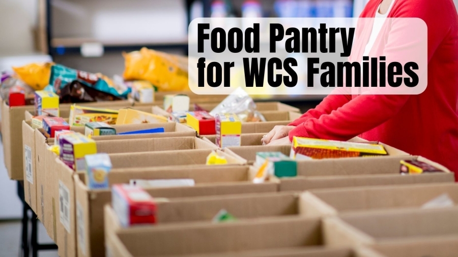 "Pantry for WCS Families" with boxes of food